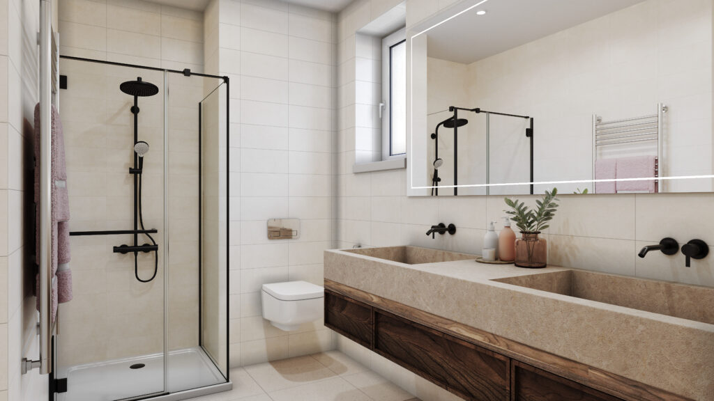 Modernes Badezimmer mit Dusche und Doppelwaschtisch im Wohnprojekt Reihenweise Grün in Klagenfurt