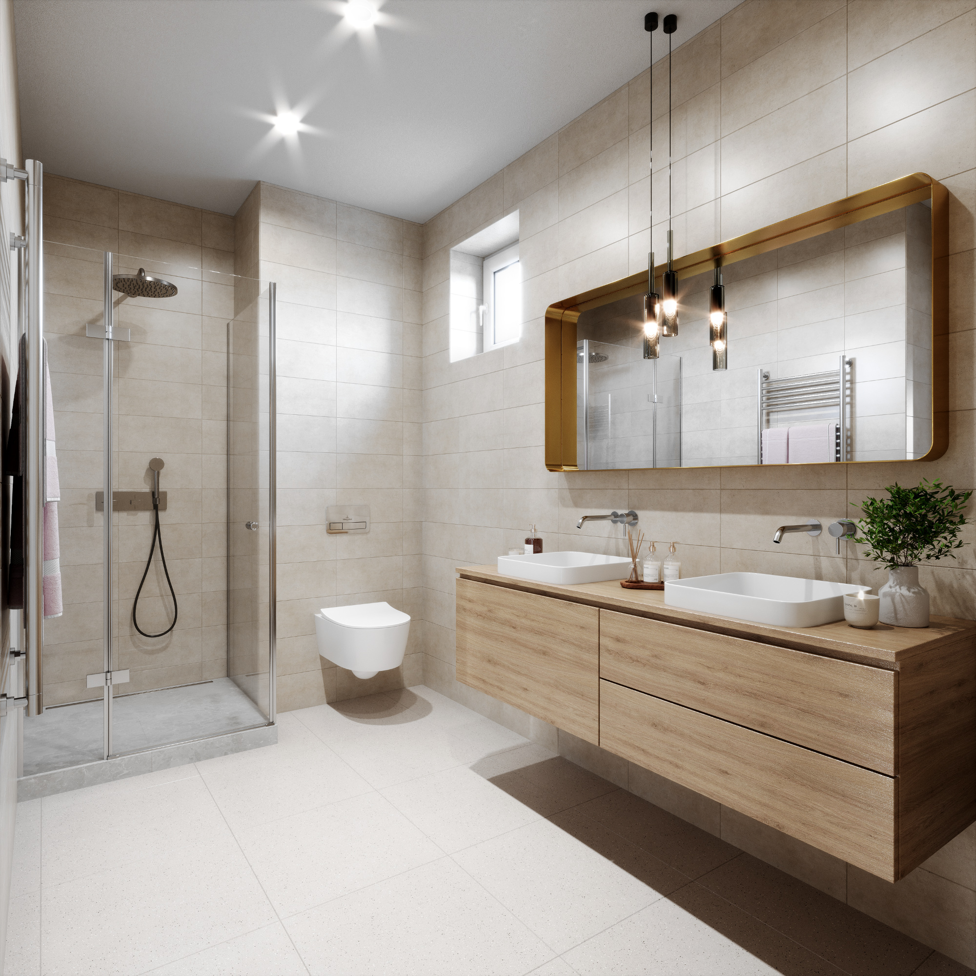 Modernes Badezimmer mit Dusche und Doppelwaschtisch im Projekt Reihenweise Grün