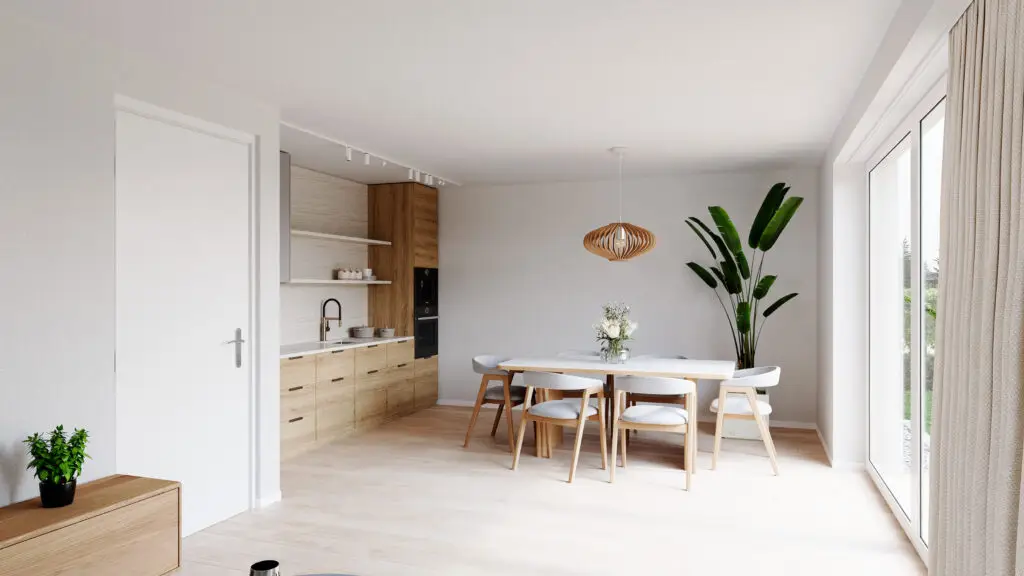 Heller Essbereich mit moderner Küche, Holzelementen und großem Fenster im Wohnprojekt Reihenweise Grün