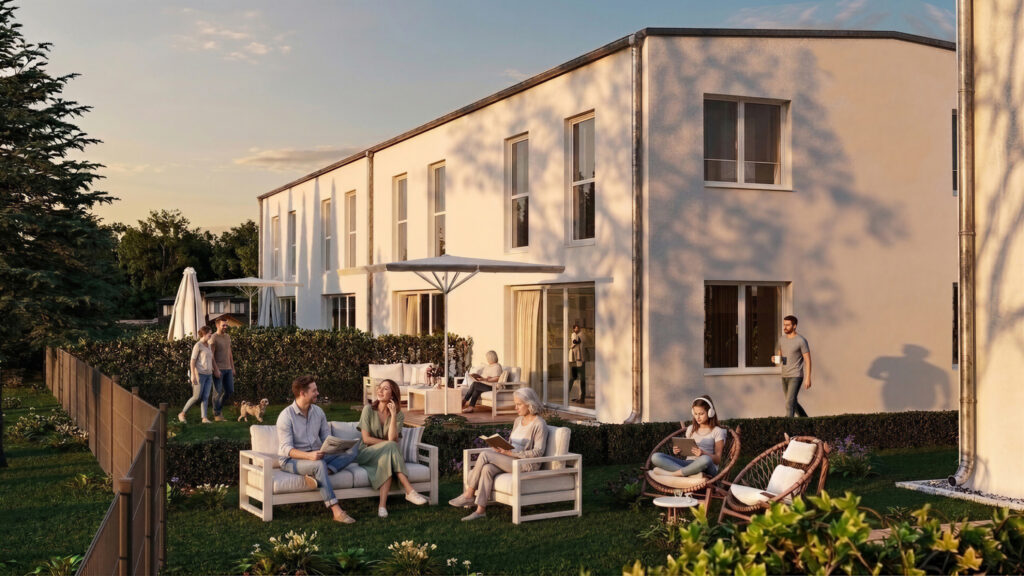 Garten- und Terrassenansicht des Wohnprojekts Reihenweise Grün bei Abendstimmung mit privaten Außenbereichen