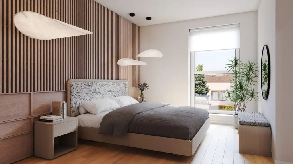 Modernes Master Bedroom mit Holzwand, großem Fenster und heller Einrichtung im Wohnprojekt Reihenweise Grün