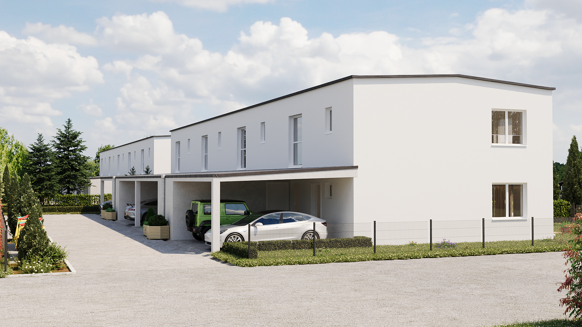 Straßenansicht des Projekts Reihenweise Grün in Klagenfurt mit Reihenhäusern und Parkmöglichkeiten