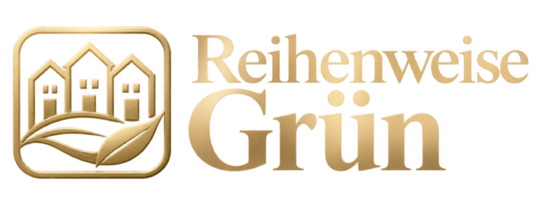 Logo von Reihenweise Grün mit drei Häusern, Gartenlinie und Blatt-Symbol