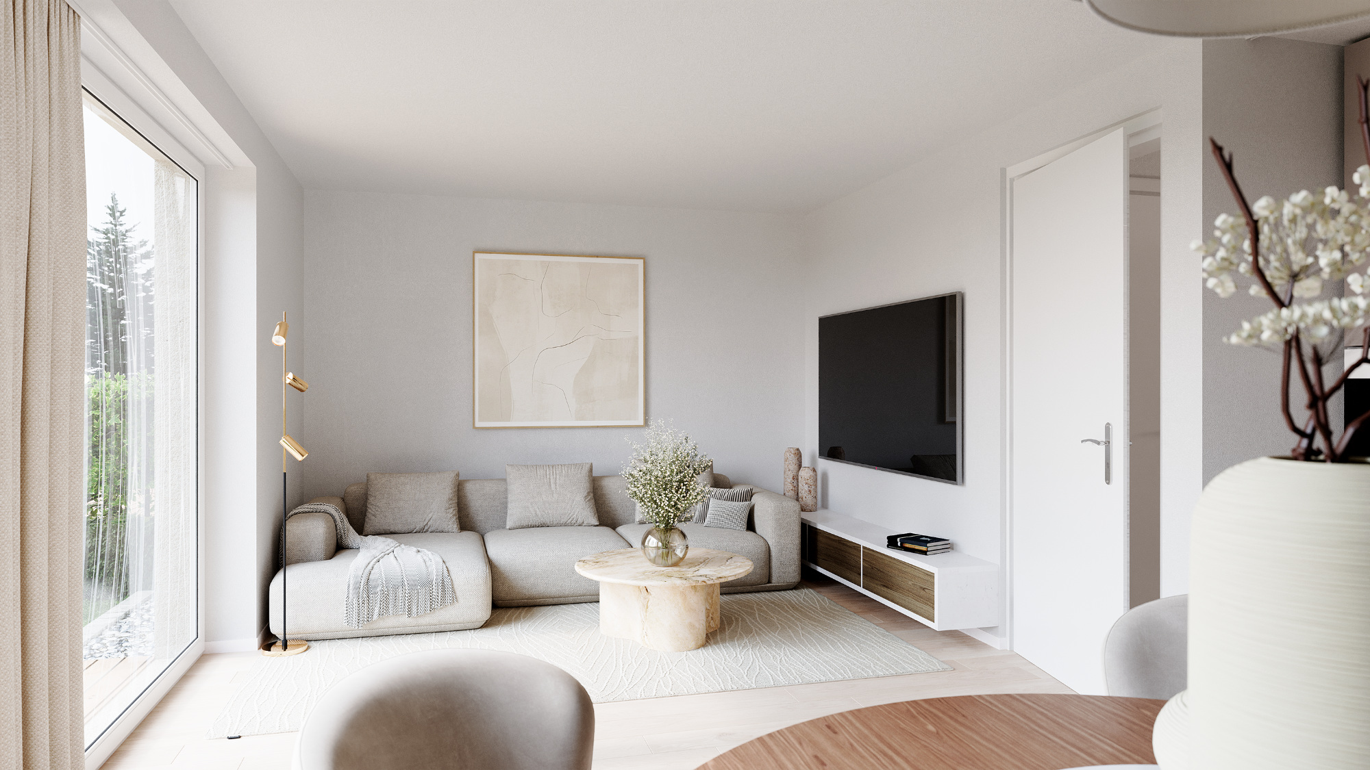 Modernes Wohnzimmer mit großem Fenster und Gartenblick im Projekt Reihenweise Grün